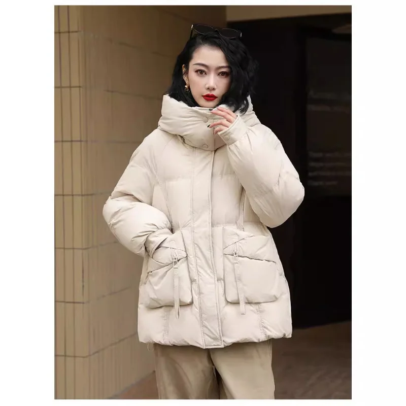 Mid-length Puffer Coats for Women, Casual Loose Jackets, Simple Outerwear Hooded Windproof Parka Thick Warm Down Jackets Fashion