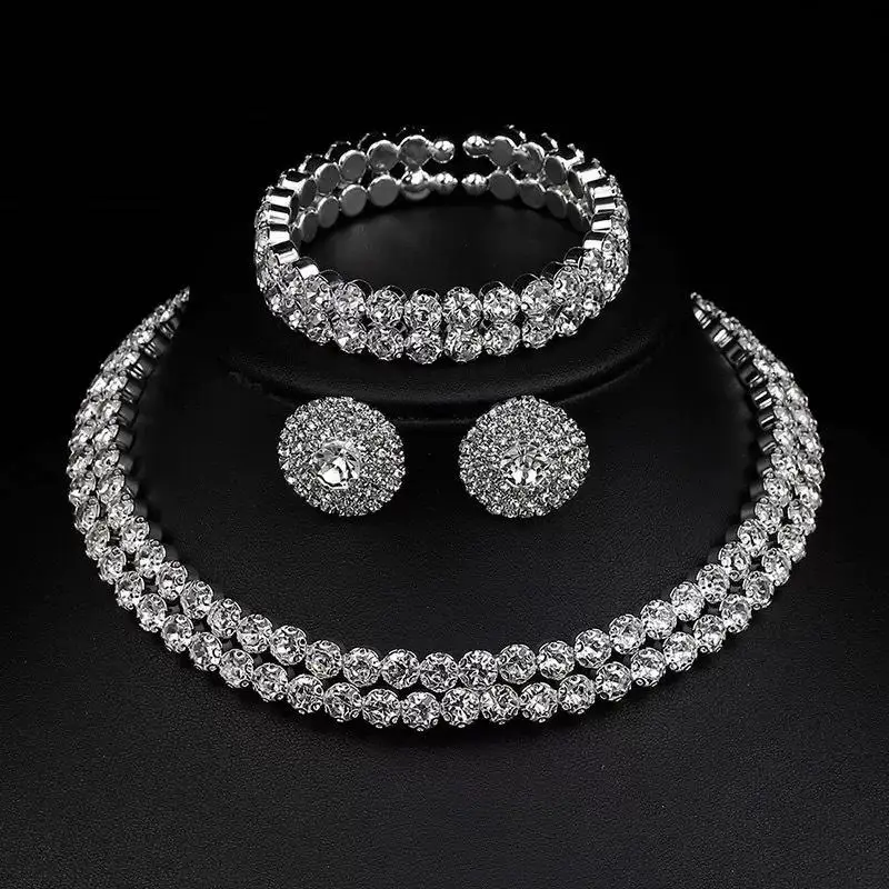 Elegant Shiny Crystal Rhinestone Jewelry Set 1/3Pcs Necklace Earrings Bangle for Bridal Wedding Evening Party Accessories