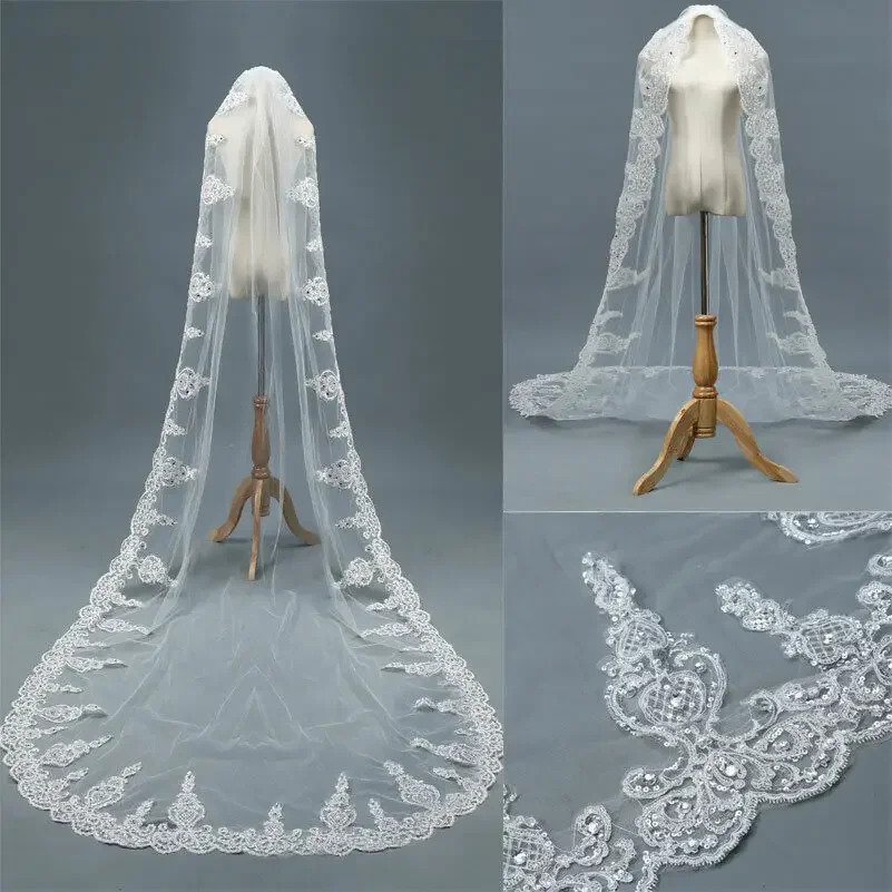 Bling Bling Wedding Veils With Comb Rhinestone Cathedral Length Lace Appliques