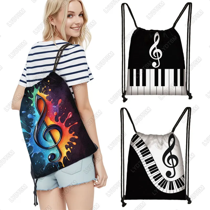 

Elegant Musical Note Piano Keyboard Graphic Print Drawstring Bag for Travel Teenager Bookbag Backpacks Day Bag Shoes Holder