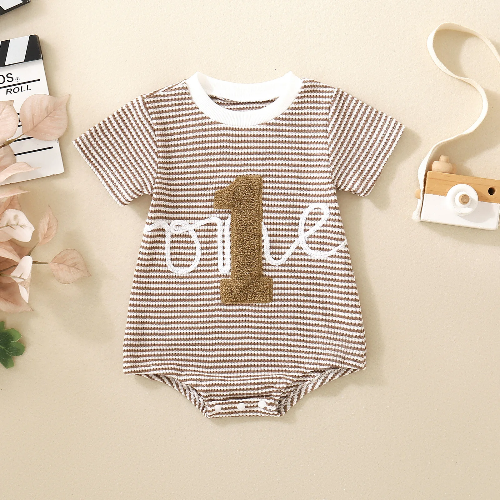 Baby First Birthday Waffle Striped Romper, Letter One Embroidery Short Sleeve Snap Crotch Infant Summer Bodysuit