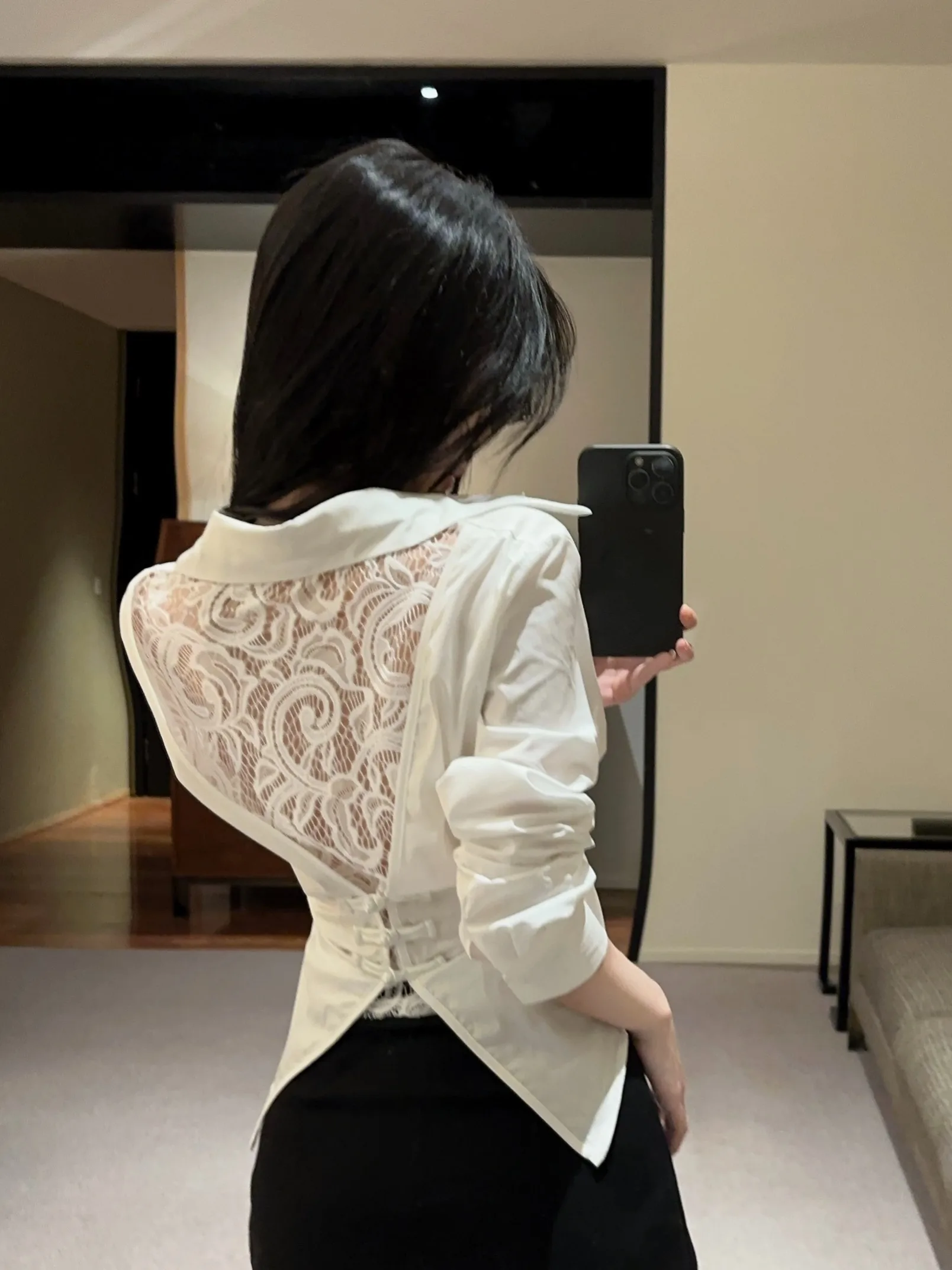 

Elegant Lace Splice Back Button up Shirt Women's Slim Fit White Cotton Long Sleeve Breathable Casual Shirt Spring Summer