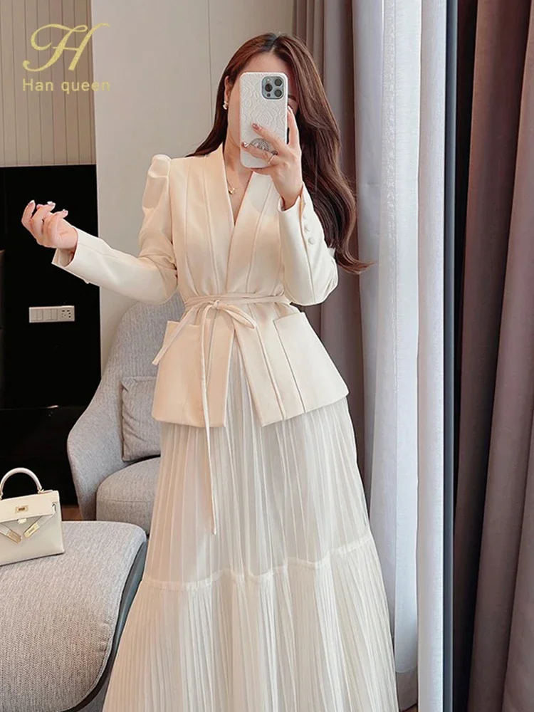 H Han Queen Autumn New Skirt Suit Women Elegant Korean Lace-Up Fashion Blazer + Long Mesh Skirt Casual Evening Party 2-Piece Set