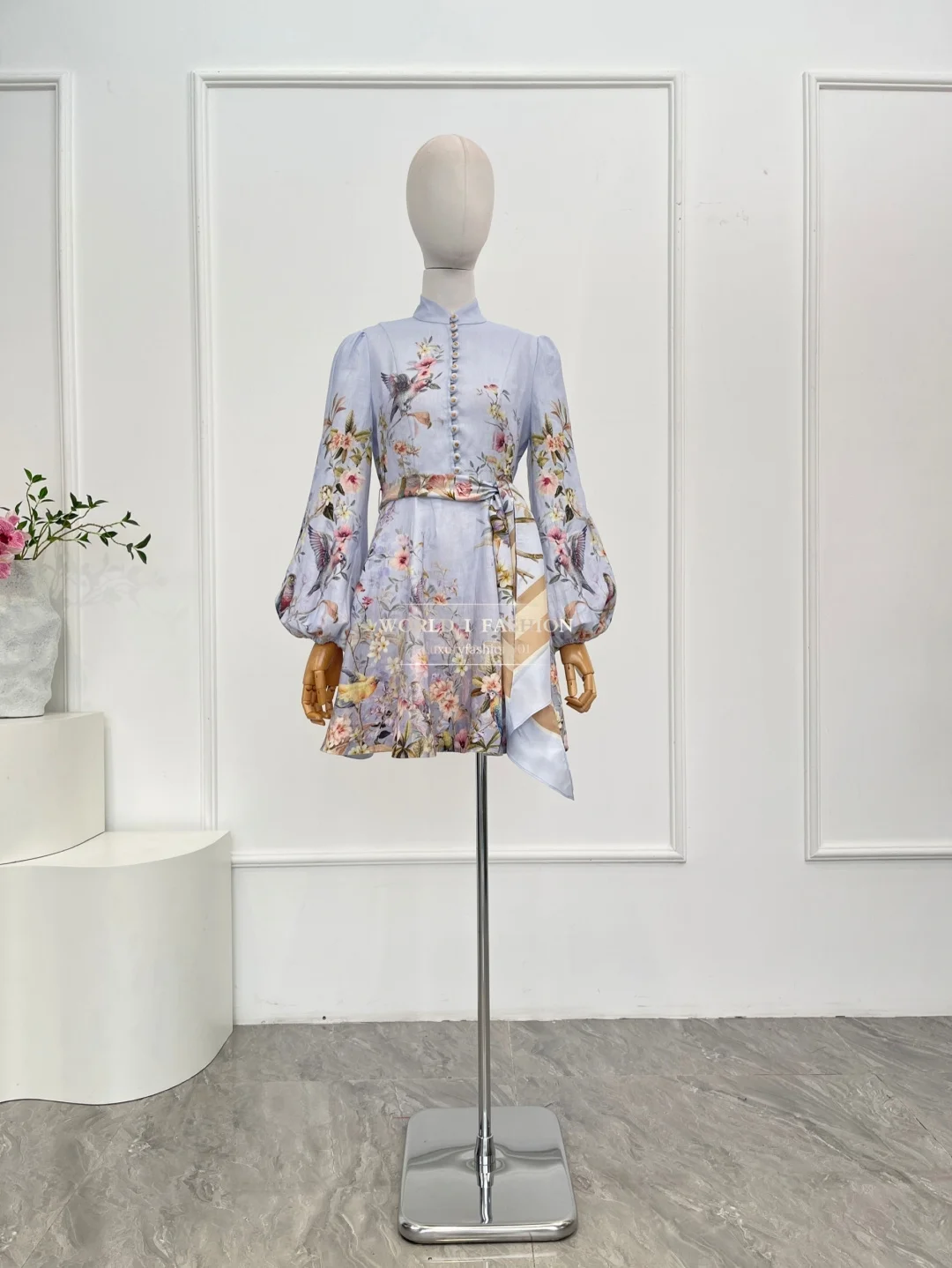 

Linen Women Clothes Hight Quality Blue Floral Print Long Sleeve Self Bow Tie At Waist Mini Dress