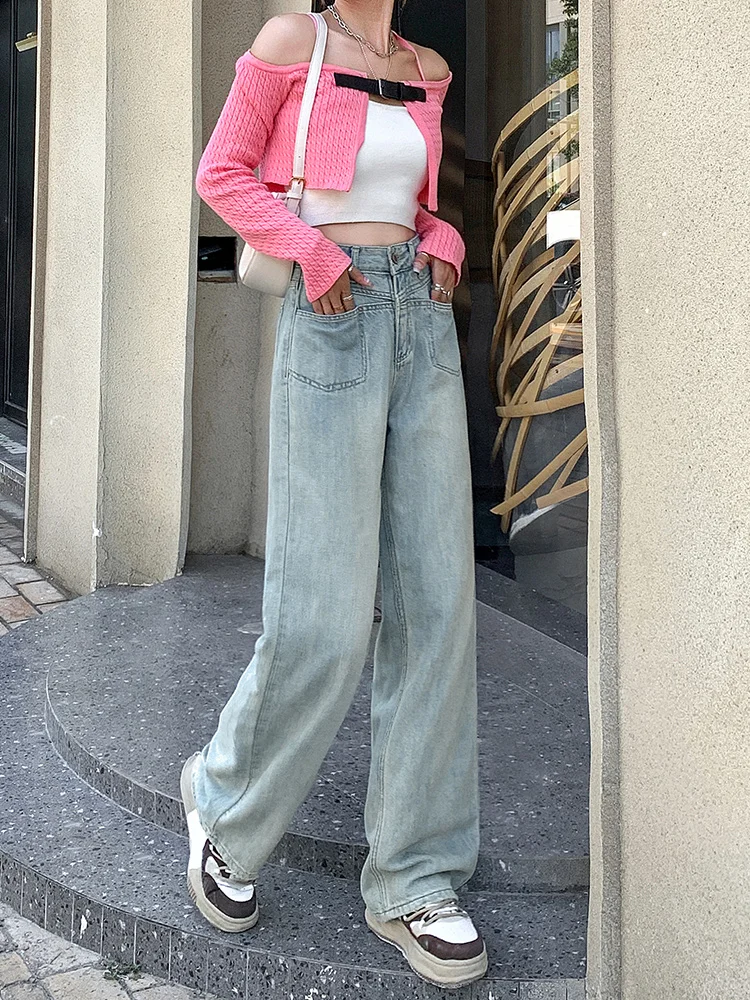 Weites Bein Jeans Frauen solide Denim lose Streetwear Mode Freizeit elegante Sommer hohe Taille in voller Länge europäischen Stil Retro