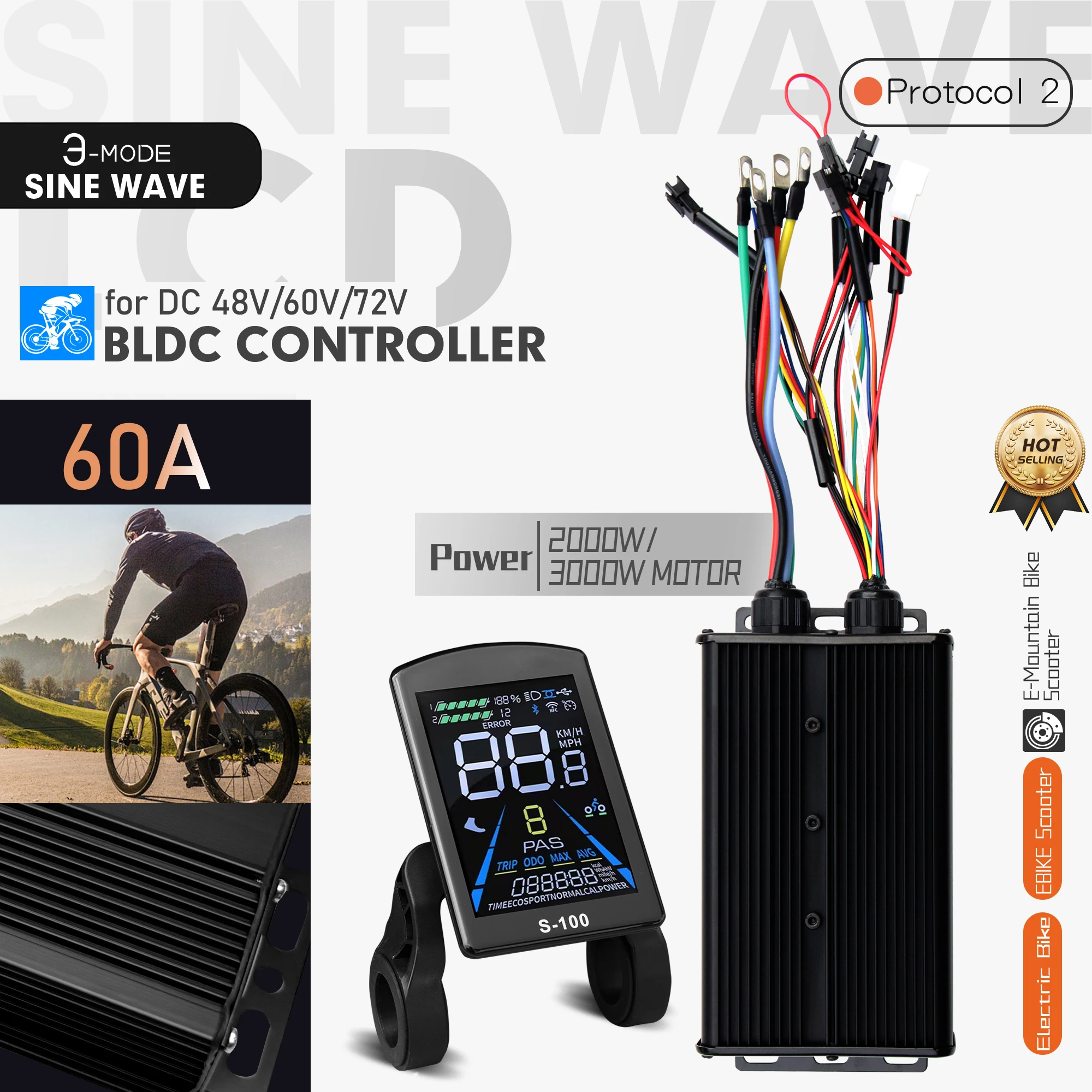 

Электрический велосипедный контроллер 60А с тремя режимами (синусоидальный/прямоугольный сигнал) и цветным ЖК-дисплеем S-100, совместимый с 48В, 60В, 72В