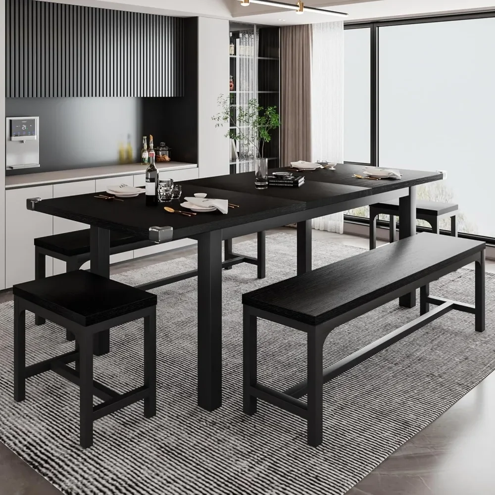 Dining Table Set.5-Piece Dining Table Set for 4-8 People, Extendable Kitchen Table Set with 2 Benches and 2 Square Stools
