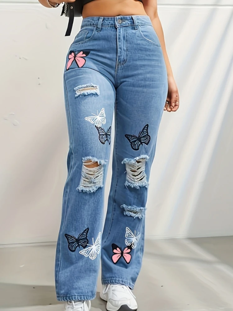 

XIZOU Butterfly Printed Blue Ripped Jeans for Women High Waisted Streetwear y2k Straight Leg Pants Woman Denim Pant Korean Style