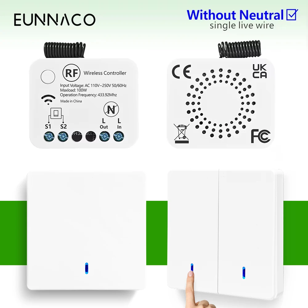 Wireless RF433Mhz Smart Light Switch 86 panel AC220V 110V Mini Single Live Wire No Neutral Receiver Module for home Lamp Light