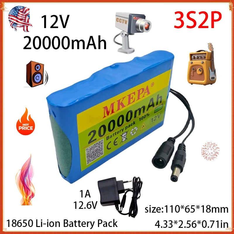 

Прочный портативный литий-ионный аккумулятор 12 В, 2,0 Ач, зарядное устройство постоянного тока 12,6 В 1 А, с BMS, аудиоусилитель CCTV Cam Monito ;