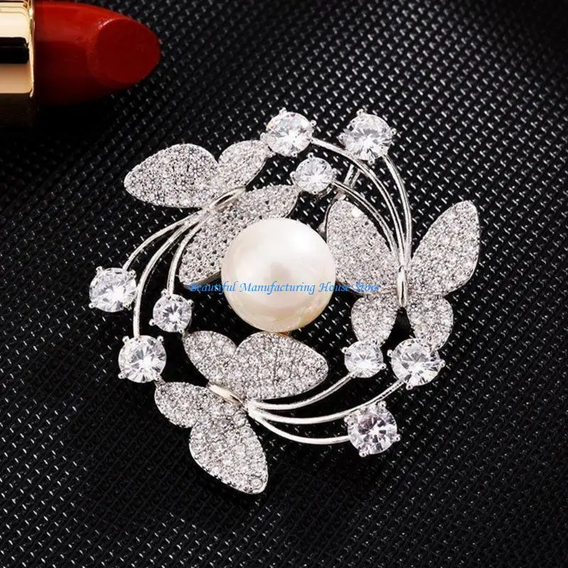 

E56A Floral Butterfly Pin Pearls Accent Alloy Construction Wardrobe Addition