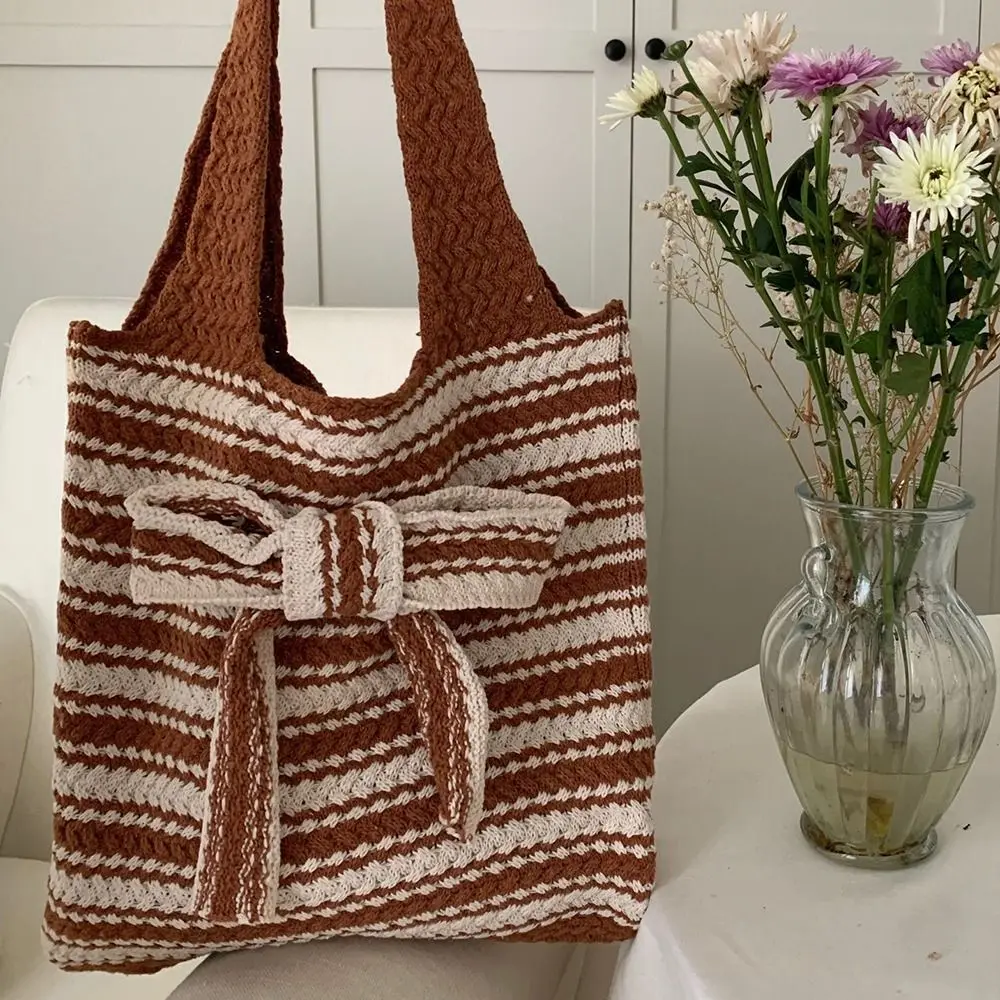 أنيقة القوس مخطط الكروشيه حمل حقيبة اليدوية سعة كبيرة المنسوجة حقيبة كتف متعدد الألوان عادية اليد محبوك حقيبة السيدات/الفتيات