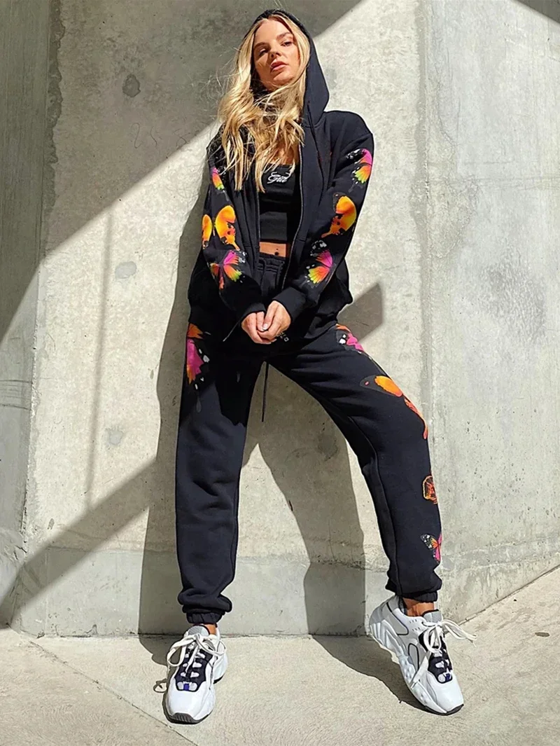 Butterfly Print Tracksuit Women Two Piece Pants Sets Spring Autumn Clothes Zipper Hooded Top Pants Suit Casual Wamen Set Outfits