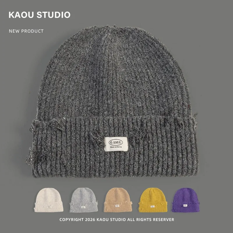 Simple Trendy Patched Hole Knitted Hat for Men and Women Street Hip-hop Pullover Hats Warm Ear Protection Skull Beanie Cap