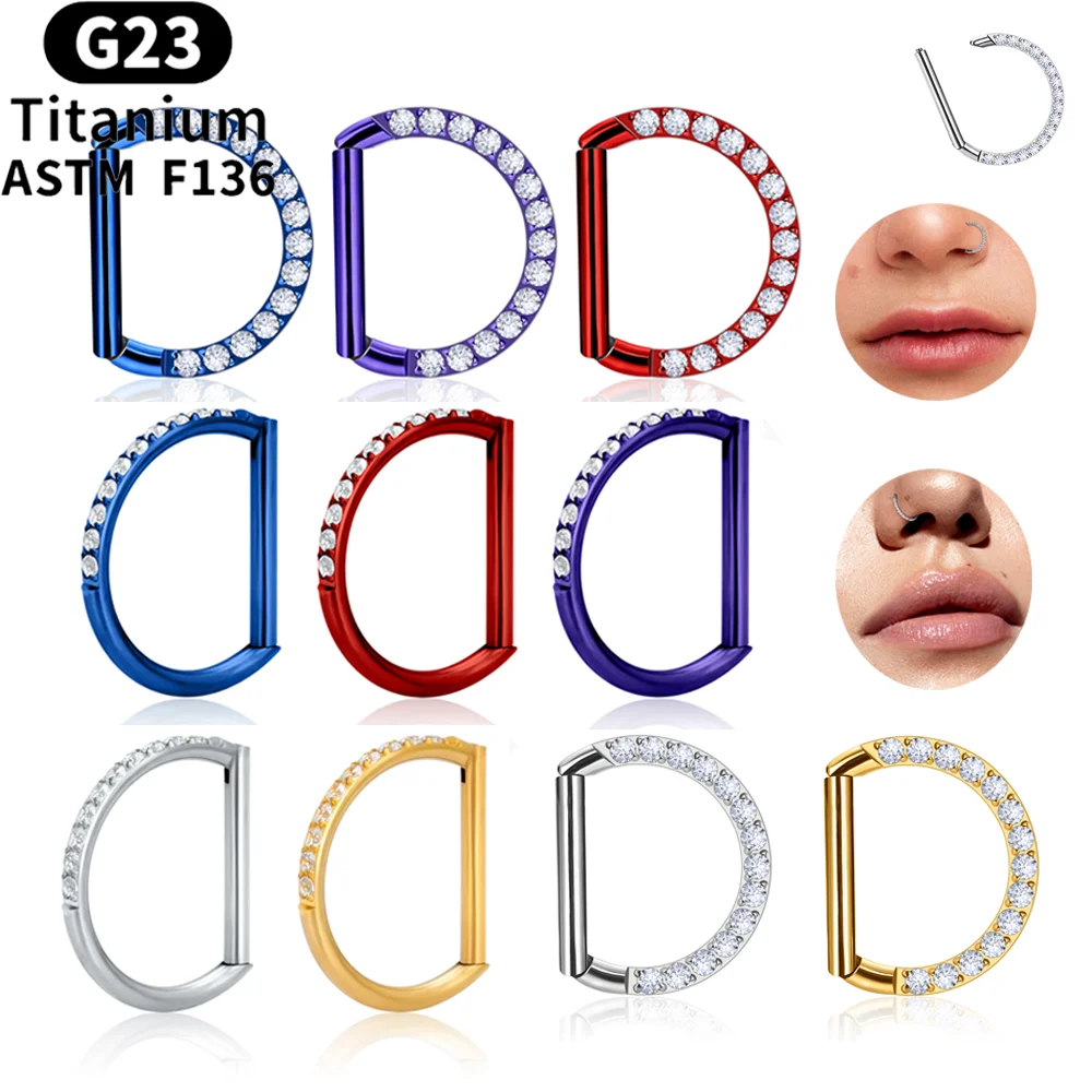 

G23 Titanium D Shape Front and Beside CZ Inlay Daith Helix Tragus Conch Cartilage Piercing Earring 16G Septum Nose Ring Jewelry