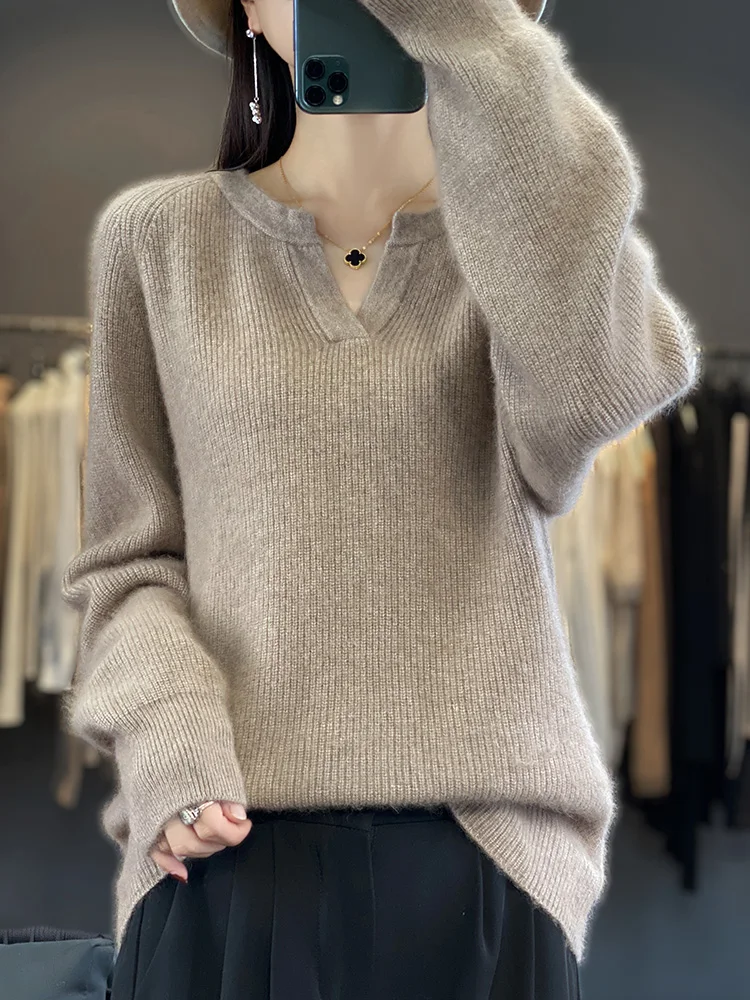 Aliselect Women\'s Super Warm 100% Mink Cashmere Sweater Thick V-Neck Pullovers High Quality Soft Tops Casual Basic Jumper Winter