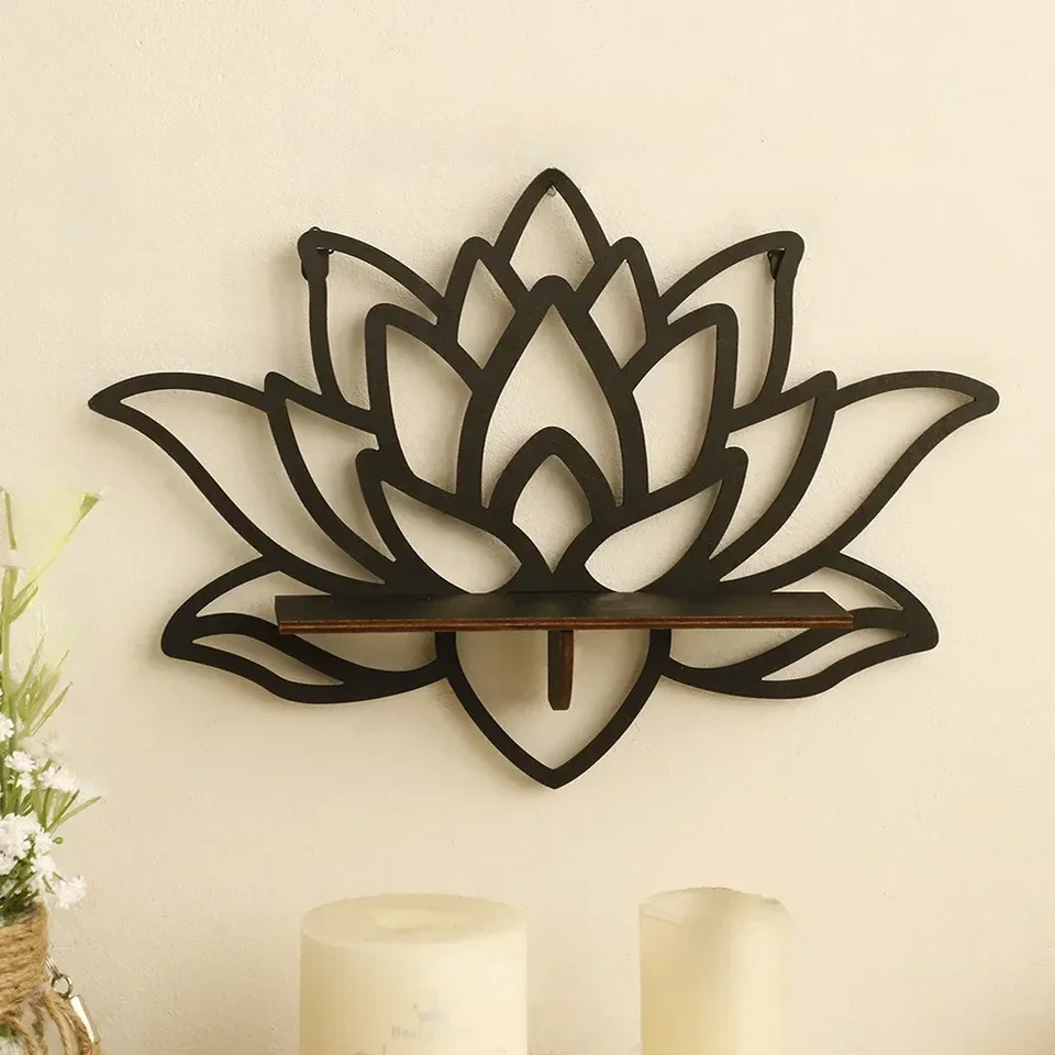 

Lotus Floating Wall Shelf Crystal Display Rack Aesthetic Room Decor Modern Wooden Shelf for Candles Ornaments and Home Accents