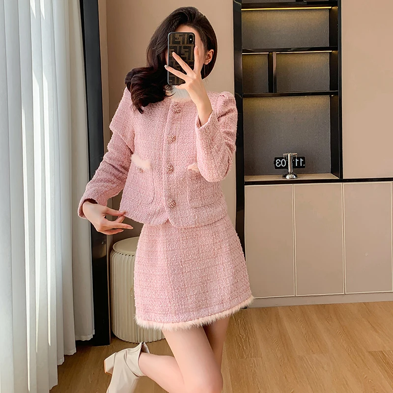 Actual Photos 2023 New Pink Chic Style Short Jacket Set for Women Winter Goddess Youthful Slimming Two-Piece Set Hot Sale Trendy