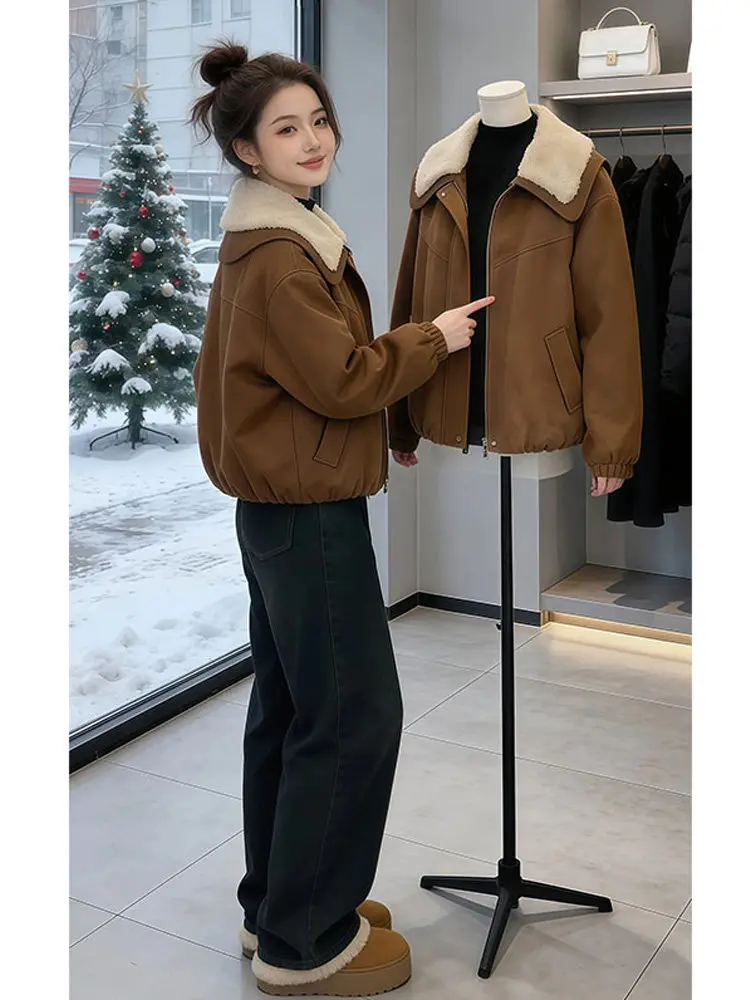 

Корейская короткая куртка с меховым воротником, утепленная, для повседневной носки, женская зимняя новая модная простая теплая верхняя одежда, женская куртка