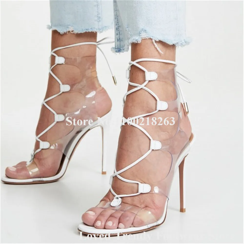 Transparent Straps Cross Stiletto Heel Gladiator Sandals Open Toe PVC Patchwork White Lace-up Thin Heel Sandals Party Dress Pump