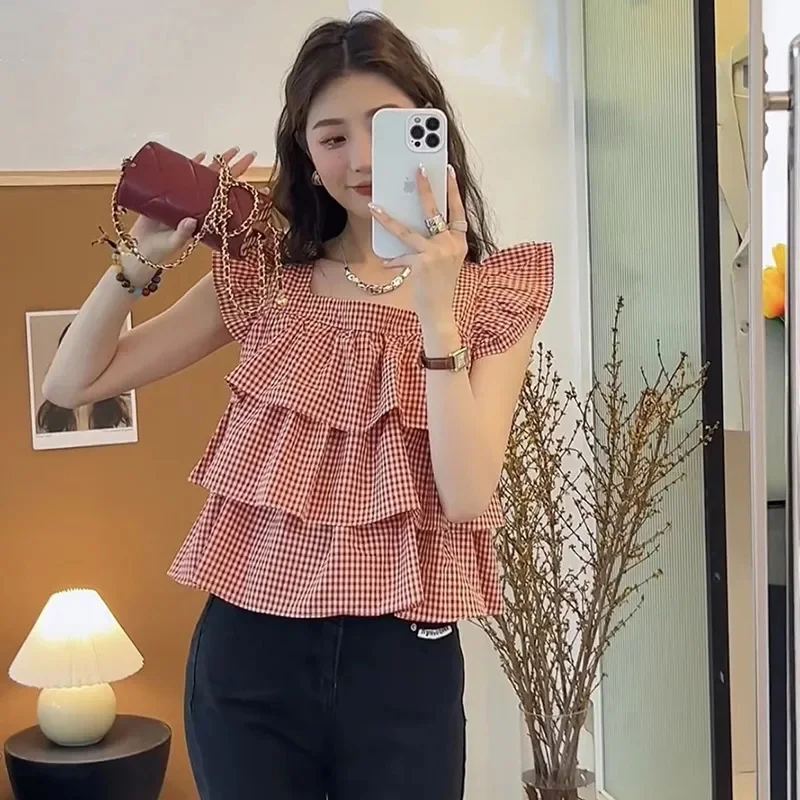 Korean Flying Sleeve Shirt Women Summer Square Neck Plaid Tierred Ruffled Blouse Elegant Sweet Cake Chic Pretty Style Clothes