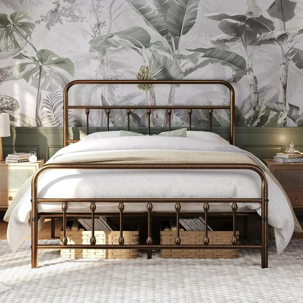 Classic Metal Platform Bed Frame Mattress Foundation with Victorian Style Iron-Art Headboard/Footboard/Under Bed Storage