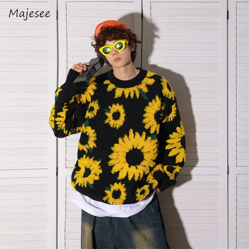 O-neck Pullovers Men Winter Warm Sunflower Flocked Slouchy Sweaters Japanese Style Vintage Loose Casual Couples Sueter Hombre