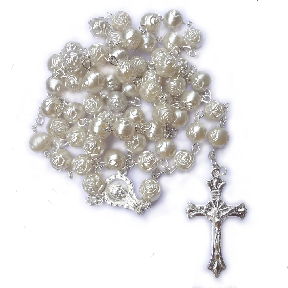 8mm White Pearl Rose Beads Rosary Cross Pendant Necklace For Women Sweater Chain Plastic Beads Catholic Jewelry Accessories