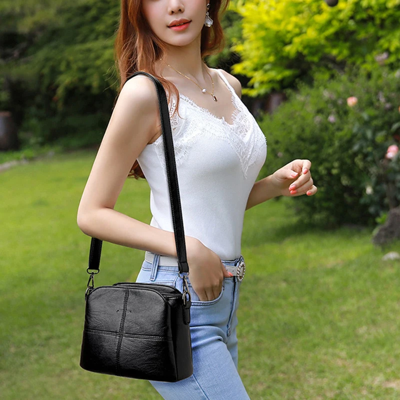 Vintage Women\'s Soft PU Leather Shoulder Bag Square Solid Color Crossbody  Middle Aged Female New Large Lady Messenger Bags