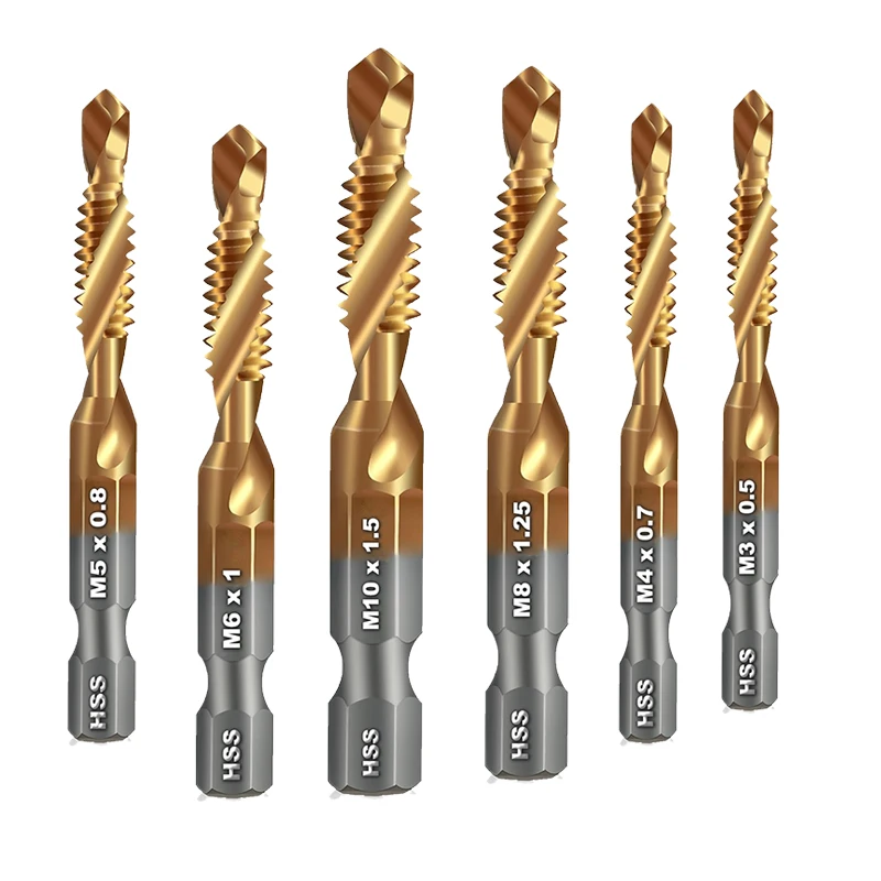 AMR Hex Shank Titanium Plated HSS Screw Thread Metric Tap Drill Bits Screw Machine Compound Tap M3 M4 M5 M6 M8 M10 Hand Tools