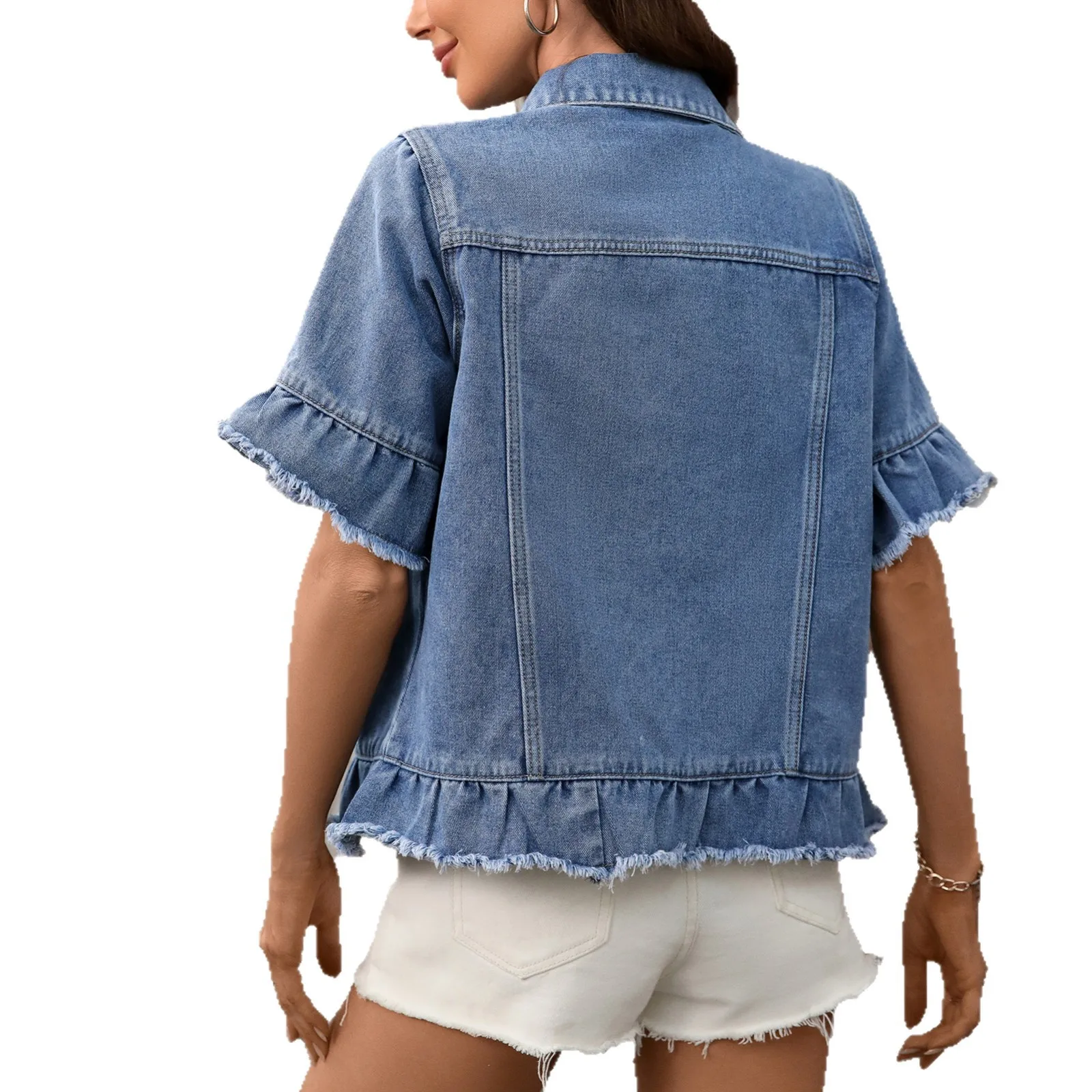 Denim Coat Jackets Women Vintage Washed Ruched Turn Down Collar Single Breasted Short Sleeves Female Outerwear Streetwear