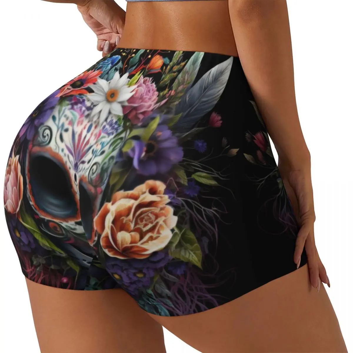 

Sexy Tight Hip Sports Shorts Mexican Katrina Skullk With Flowers Fitness Women's Comfortable Yoga Shorts