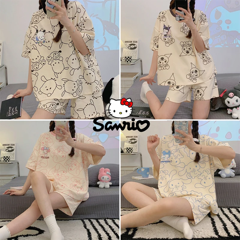 Sanrio Pajama Set Kuromi Melody Nightwear Kawaii Girls Print Sleepwear Round Neck Short Sleeved Top Loungewear Homewear Gift