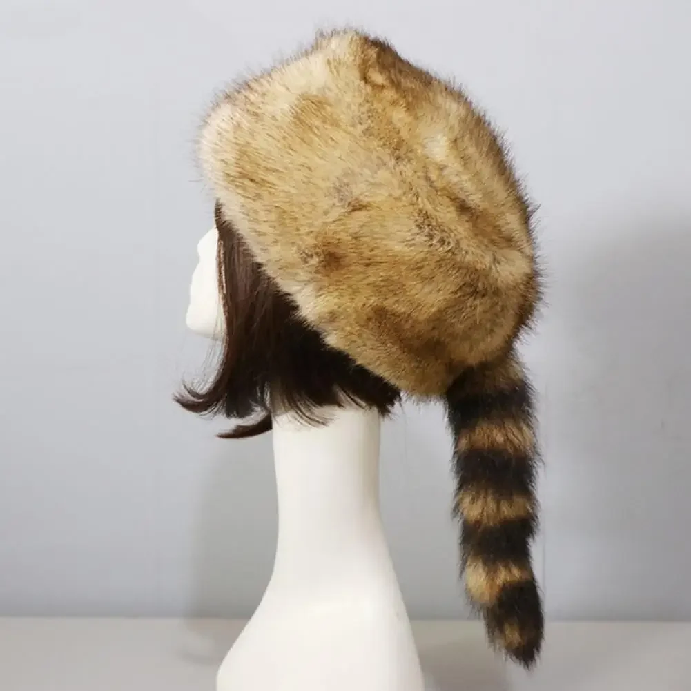 Winter Hat Faux Fur Raccoon Tail Russian Round Flat Top Ear Protection Thickened Autumn Winter Thermal Hiking Cap for Camping