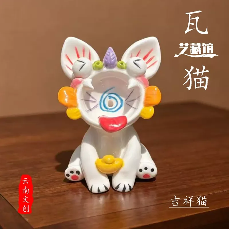 Yunnan Dali Intangible Cultural Heritage Colorful Cute Ceramic Lucky Cat Incense Holder Ornament Tourism Souvenir Gift Box