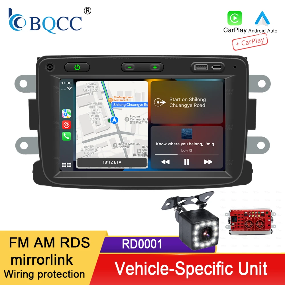 

7-дюймовый HD MP5-плеер для автомобиля BQCC с FM, Bluetooth, цветной подсветкой, RDS-радио, USB-зарядкой, беспроводным Android Auto/CarPlay для Renault Dacia
