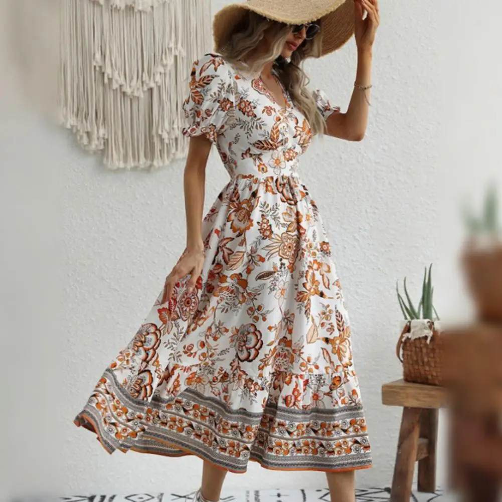 

Women Dress Floral Print V Neck Midi Dress with Puff Sleeves High Waist A-line Silhouette for Vacation Prom Parties Summer