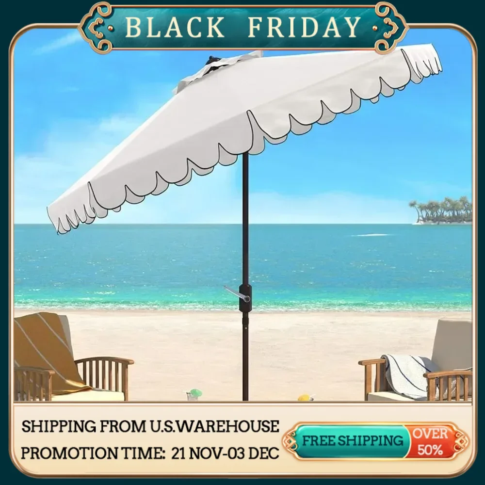 Outdoor Garden Parasol Collection Venice Navy and White Single Scallop 9Ft Crank Outdoor Push Button Tilt Umbrella Canopy