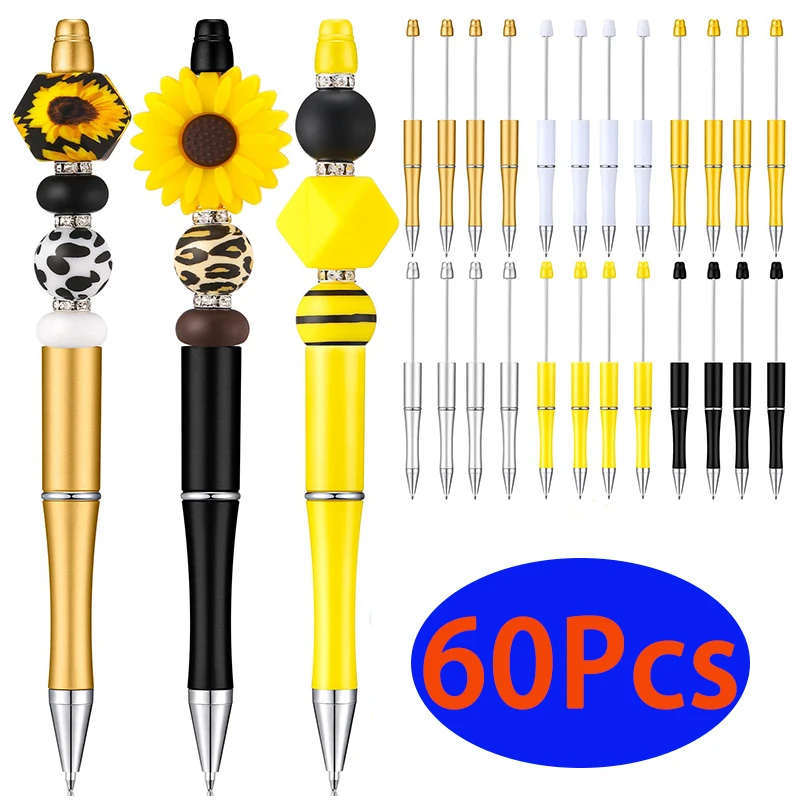 

60Pcs Plastic Beadable Ballpoint Pens 1.0 mm Black Ink Bead Ball Pens for DIY Present for Kids Students Presents School Supplies