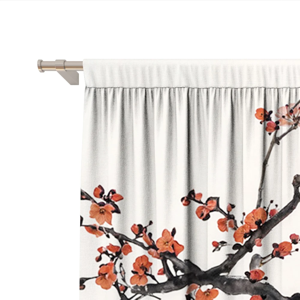 2PC Home Decoration Curtains With Plum Blossom And Peach Blossom Flower Background And Rod Bag Curtains, Suitable For Kitchen