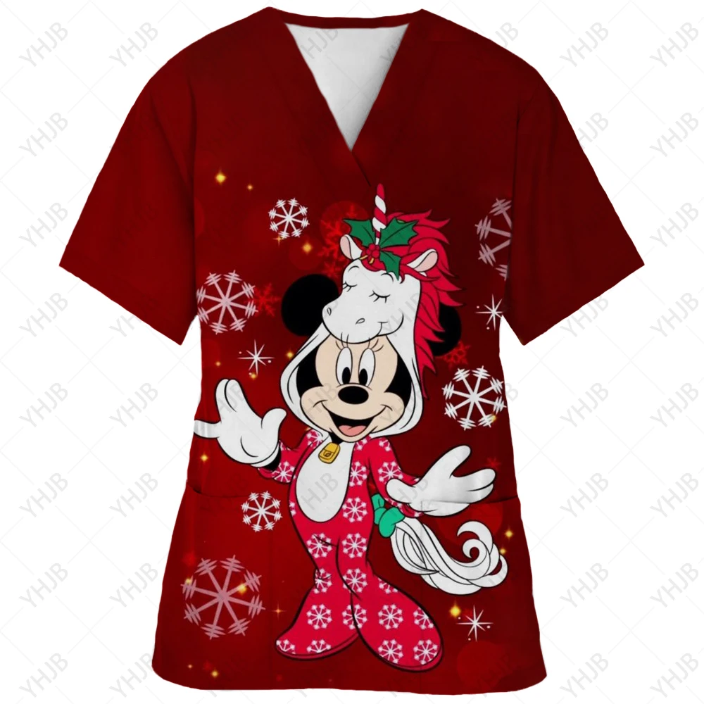 Christmas Mickey Mouse Nurse Uniform Frosted Top Women\'s Christmas Cartoon Elk Print Short Sleeve Pocket Bodysuit Uniform Medica