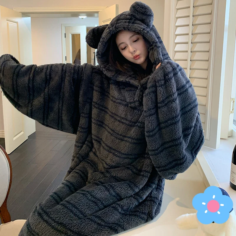 

Women's Stripe Hooded Robe Nightdress Pajamas Home Clothes Girl's Sleepwear Plus Size Coral Fleece Thickened Warm Autumn Winter