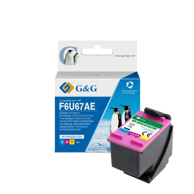 G & G HP 302XL Color remanufactured ink cartridge-shows ink level-replaces F6U67AE/F6U65AE GG-302XLCMY tintasycartuchos.com