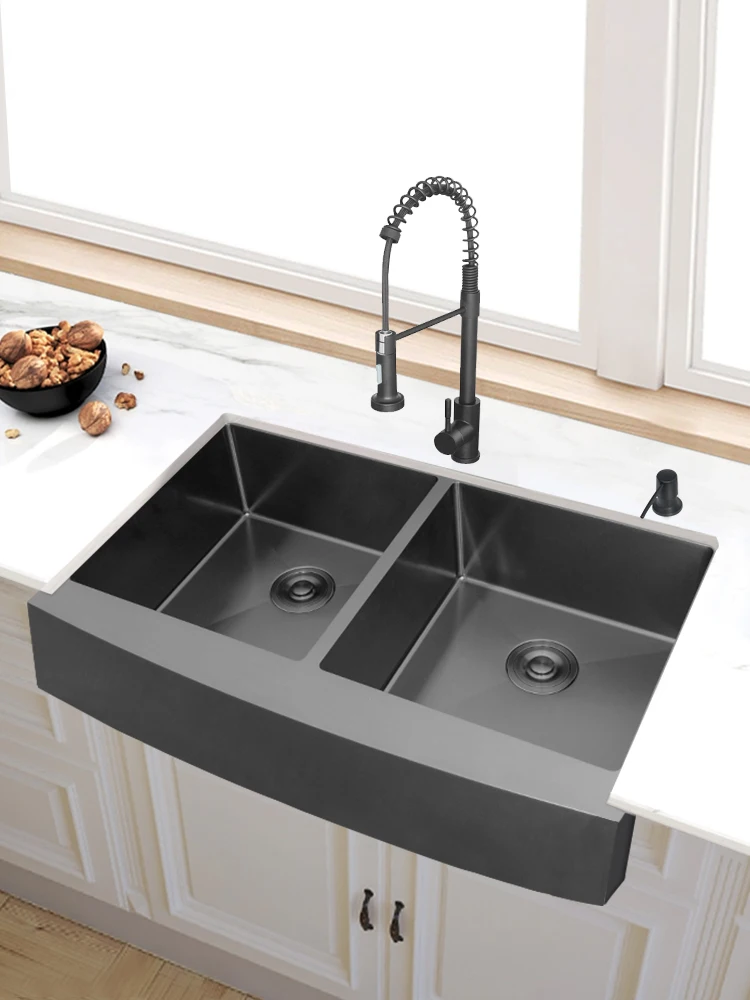 Stainless steel black American kitchen sink double trough semi-embedded understage basin hand-thickened dish basin