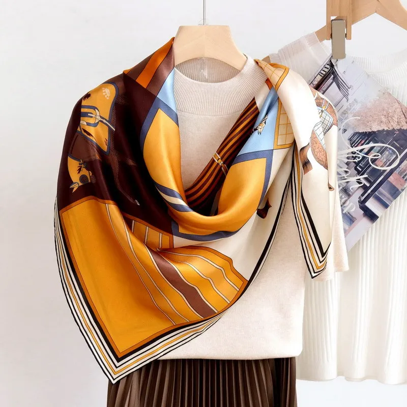Silk Scarf 110CM Women Hand Rolled Edges Shawls Bandanas Clothing Accessories Belt Hair Neck Scarves Foulard 110cm