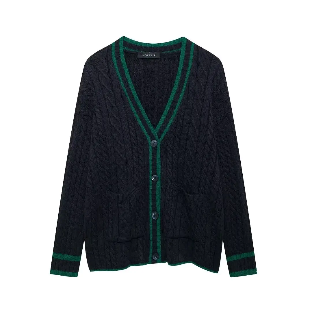 PB & ZA-Cable Rope Pattern Knitted Cardigan Sweater for Women, Casual Female Outerwear, Chic Tops, New Fashion, Autumn, 2024