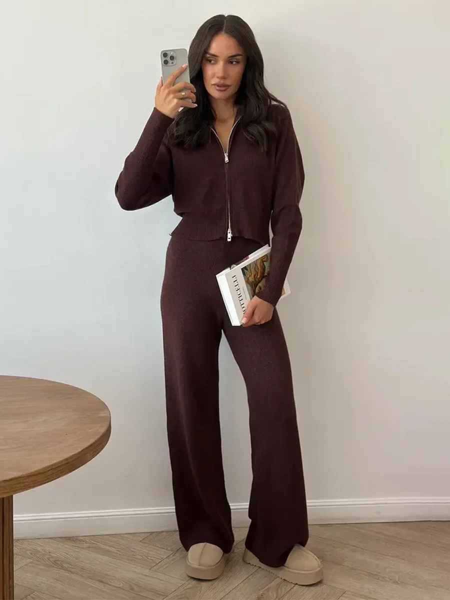 2025 Autumn Winter Knitted Two Piece Set Female Long Sleeve Zipper Sweater Cardigan Casual Trousers Knit Outfits Lady