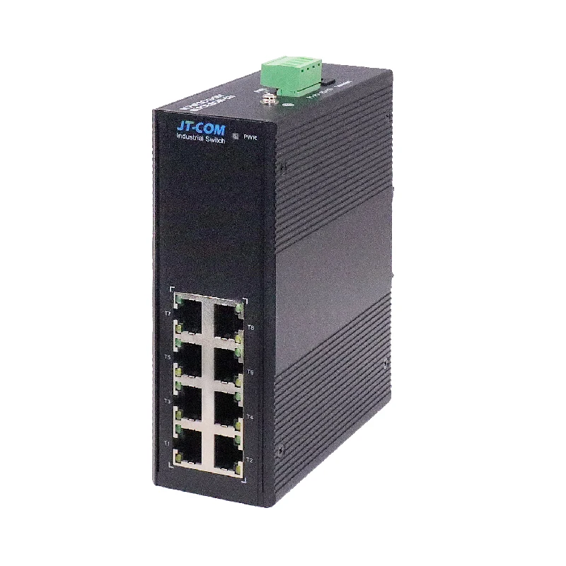 JT-COM 8-port 100Mbps industrial grade switch.Supporting MDI/MDI-X adaptive.8*100Mbps RJ45 ports