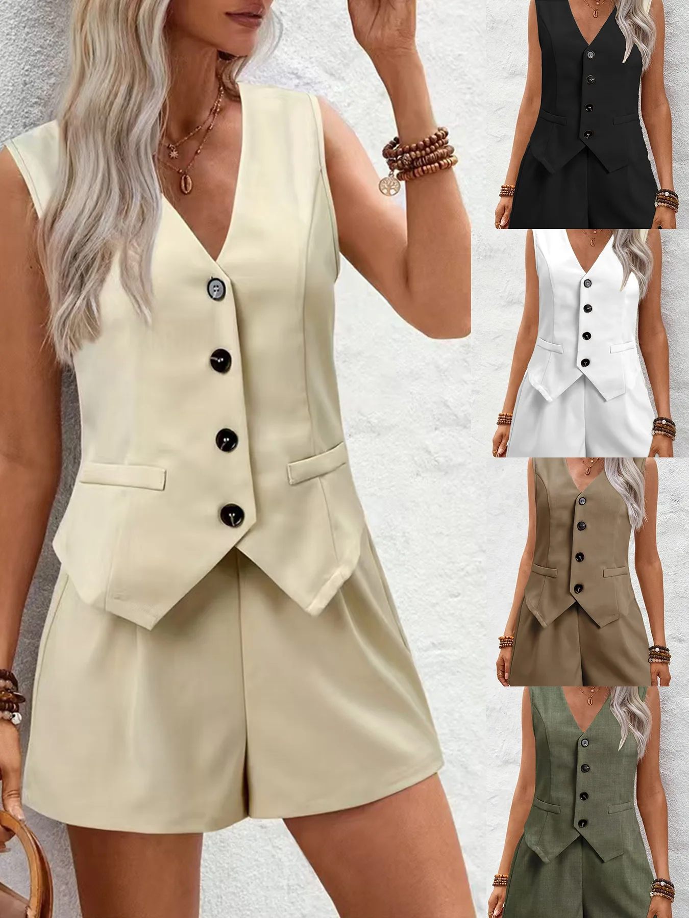 

Summer Women Elegant Solid Waistcoat Shorts Set 2025 Sleeveless Vest Top+High Waist Slim Shorts Lady Office Casual 2 Pieces Set