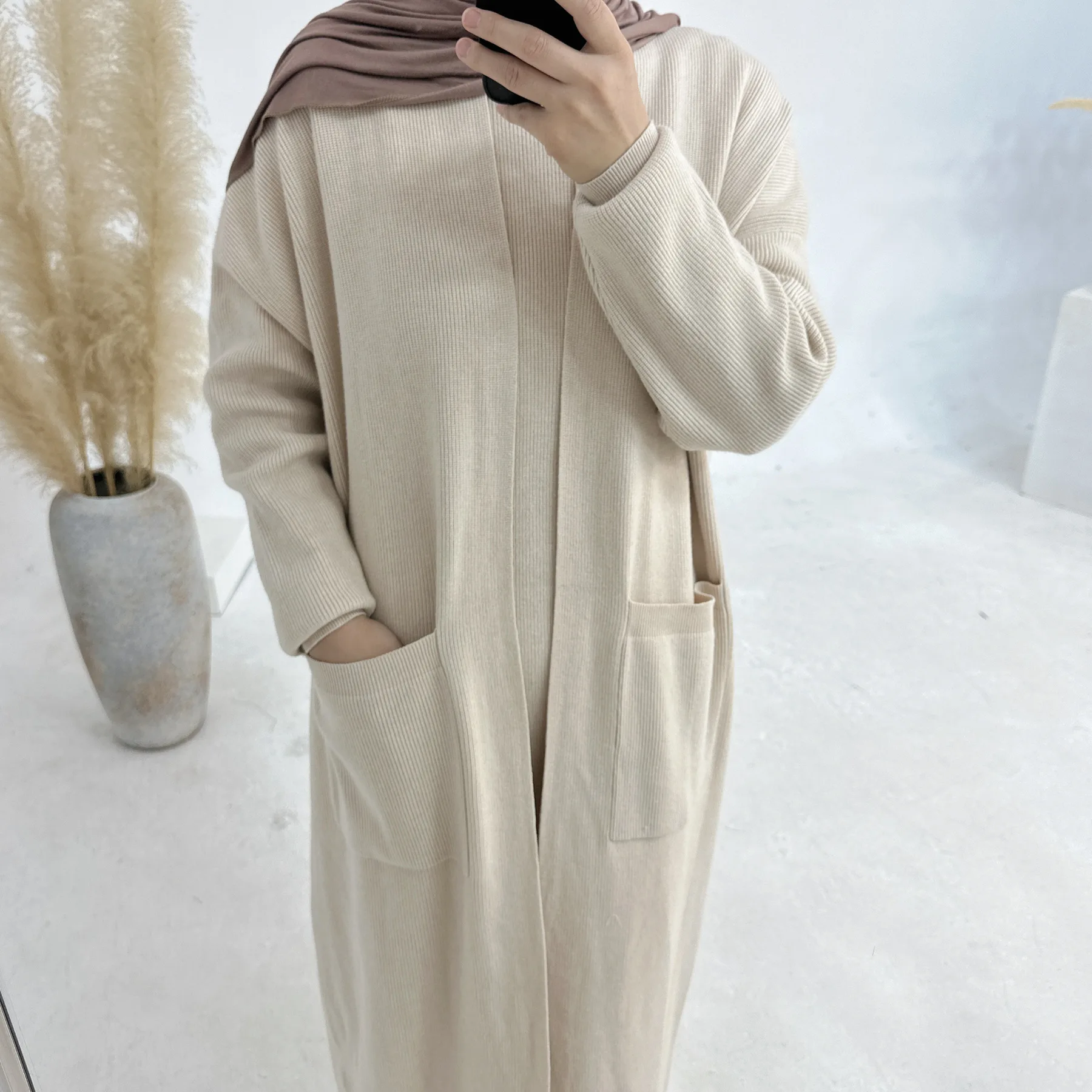 Women Knitted Open Kimono Abaya Cardigan Sweater Coat Long Dress Set Suit Muslim Islamic Clothing Outfits Kaftan Jalabiya Arab